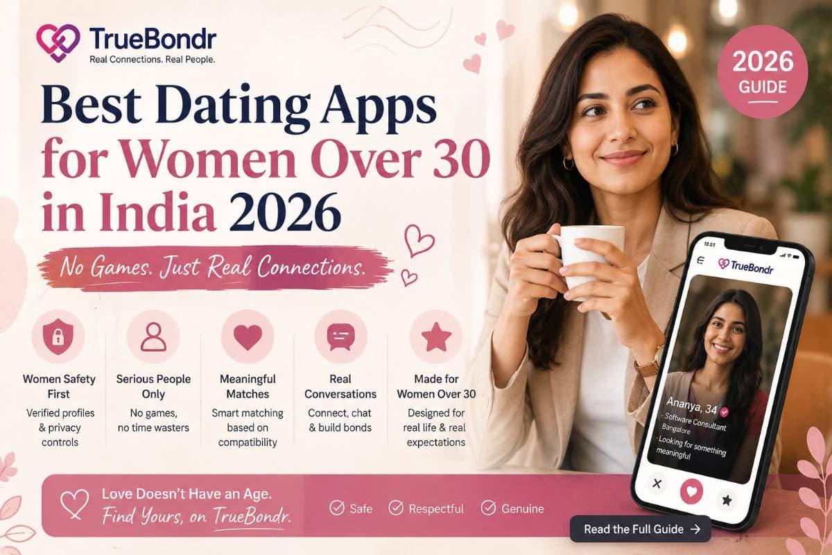 Best Dating Apps for Women Over 30 in India 2026 — No Games | TrueBondr Best Dating Apps for Women Over 30 in India 2026 — No Games | TrueBondr