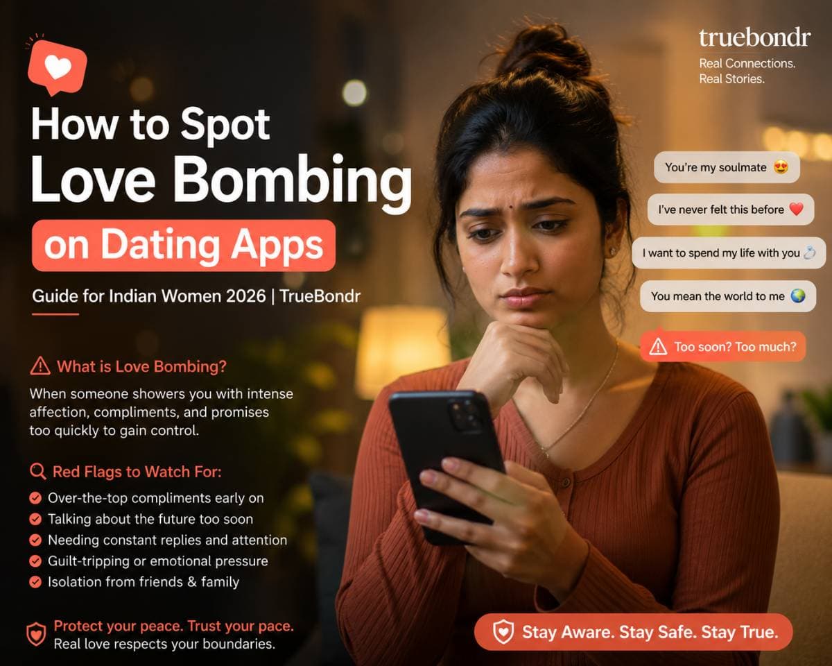 How to Spot Love Bombing on Dating Apps — Guide for Indian Women 2026 | TrueBondr How to Spot Love Bombing on Dating Apps — Guide for Indian Women 2026 | TrueBondr